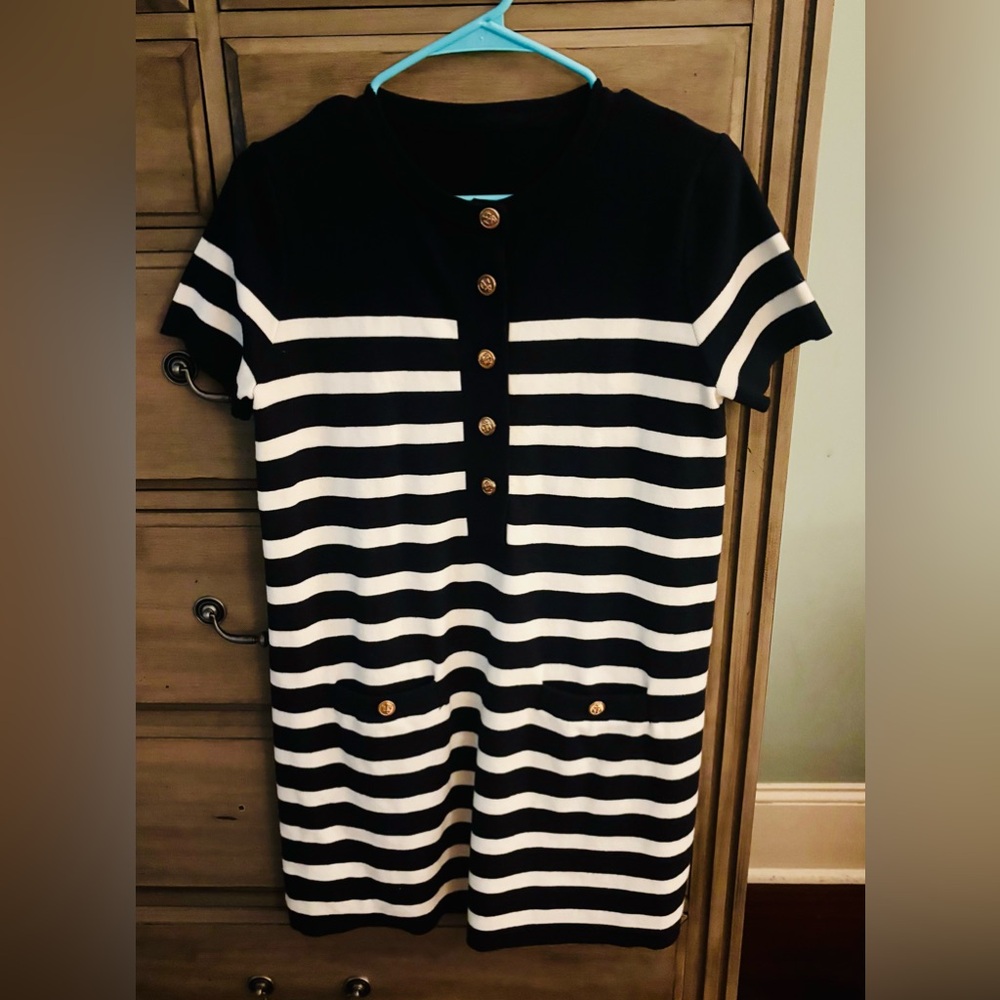 Navy and White Striped Dress with Gold Buttons